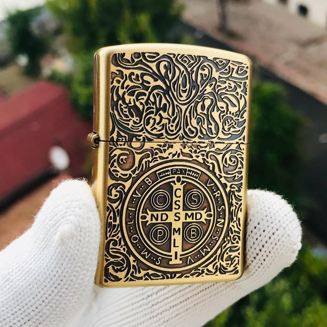 Zippo Constantine Saint Benedict Cross Golden Engraved Brass Lighter