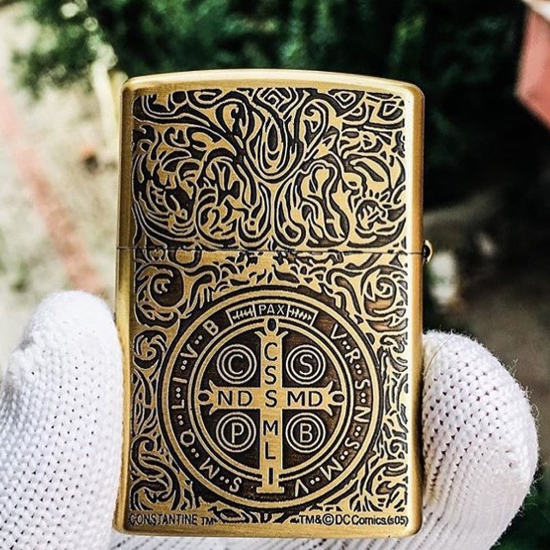 Zippo Constantine Saint Benedict Cross Golden Engraved Brass Lighter
